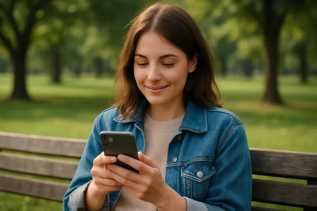 Une jeune femme souriante qui regarde son smartphone assise sur un banc dans un parc.