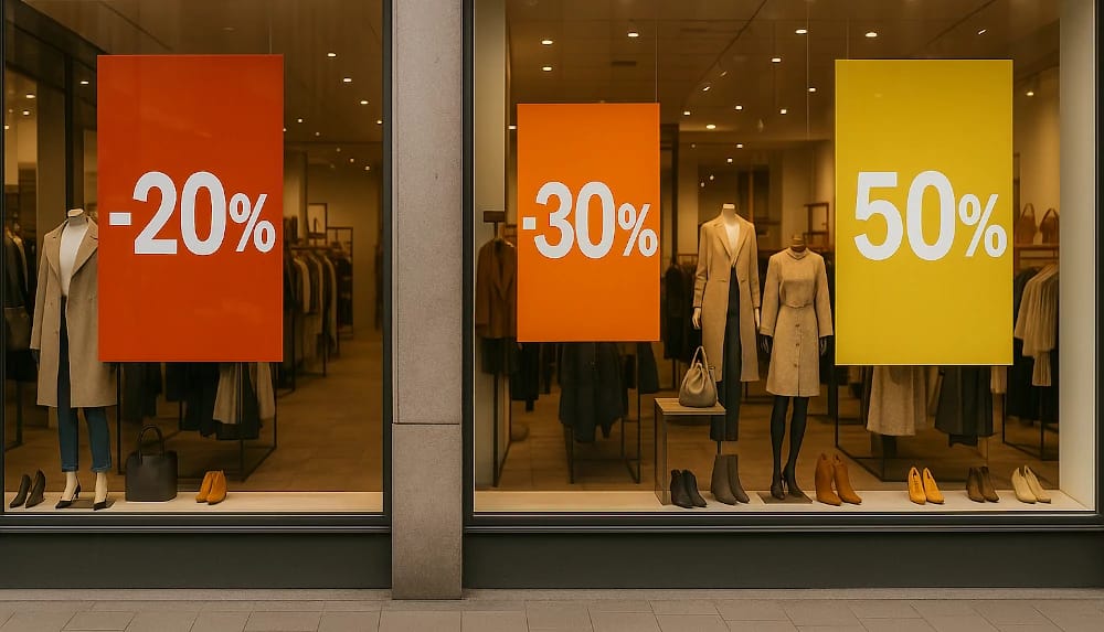 Vitrines de magasins affichant des rabais pendant les soldes