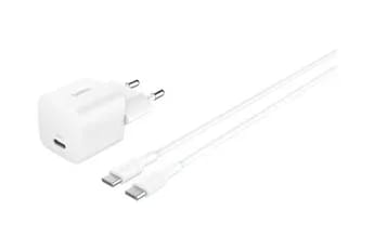 Chargeur secteur USB-C 25W Power Delivery, avec cable d''un metre  USB-C vers USB-C inclus, blanc.