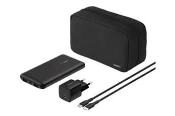 Trousse d''accessoires pour rechargement d''appareils mobiles contenant: une batterie externe 10K, un chargeur secteur USB-C 25W, un cable de 1 metre USB-C vers USB-C, noir.