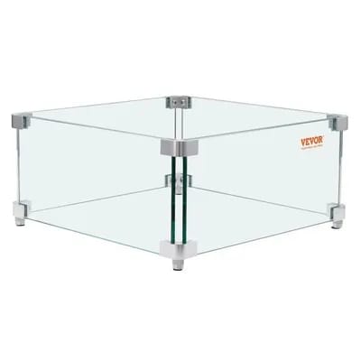 Pare-vent pour Foyer - VEVOR - Pare-flamme Verre Trempé 380x380x180mm Épaisseur 8mm avec Support de Coin Dur et Pieds