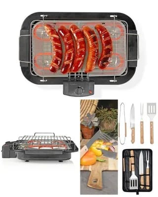 Barbecue électrique de table 2000 W Dim 38.5 x 22cm pour intérieur ou extérieur + SET DE 4 USTENSILES A BARBECUE