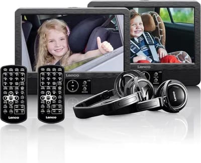 SUBZONAL-DVP-939 - lecteur DVD portable 2 x 9 pouces avec 2 casques et 2 supports d'appui-tête - batterie rechargeable intégrée - entrée USB - lecteur de carte SD - noir