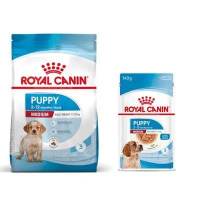 Pack bi-nutrition : croquettes + sachets Royal Canin Medium pour chien - croquettes Puppy (15 kg) + sachets Puppy (10 x 140 g)