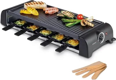 ASFASFq-45060 Barbecue électrique de table/Raclette pour 10 personnes  Raclette XXL avec 10 poêlons & spatules  Avec plaque de gril antiadhésive  Câble de 1,2 m  1500W Nettoyage Facile