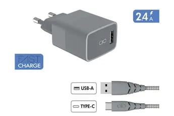 Chargeur pour téléphone mobile Force Power Chargeur secteur USB  A + Cable USB C 1.2m Recycle Gris