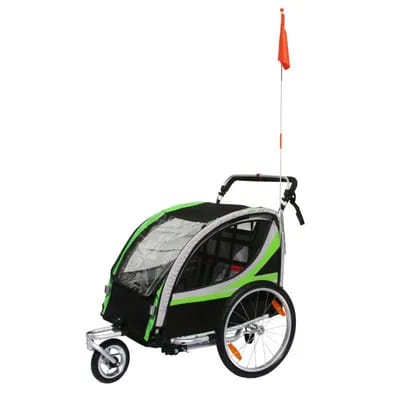 Remorque de vélo poussette couverte 2 places en alu maxi fixation axe de roue - livré avec roue avant + poignée frein - montage rapide sans outil enfant P2R 36 Kg