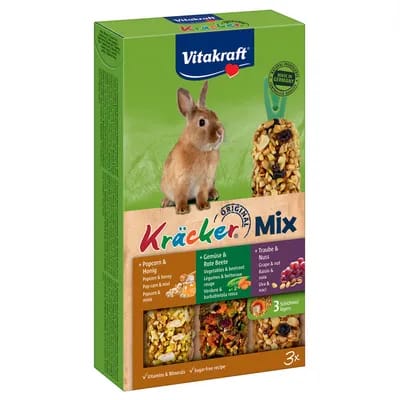 3 x 3 friandises Vitakraft Trio-Mix Crackers pour lapin nain (popcorn, légumes, raisin)