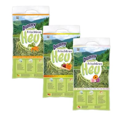 3 × 500 g – Ensemble de foin d’herbe fraîche Bunny pour petits animaux – Carotte, Vitalité, Fleurs