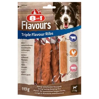 8in1 Triple Flavour Ribs Côtes à mâcher pour chien - 3 x 6 bâtonnets à mâcher