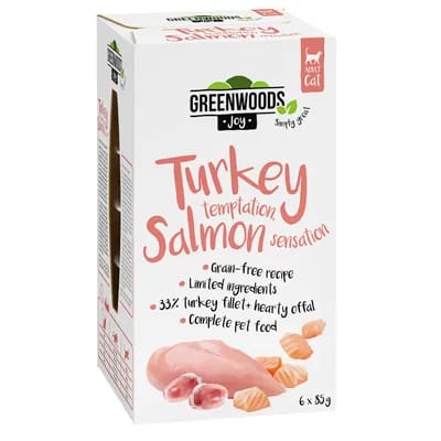 48x85g Greenwoods Joy filet de dinde, saumon - Pâtée pour chat