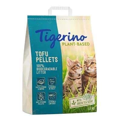 Litière Tigerino Plant-Based Tofu senteur thé vert pour chat - 3 x 4,6 kg