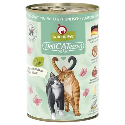 24x400g GranataPet DeliCatessen gibier, thon - Pâtée pour chat