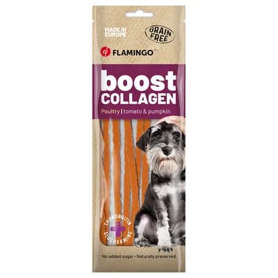 70 g spaghettis au poulet Flamingo Boost Collagen, friandises pour chien