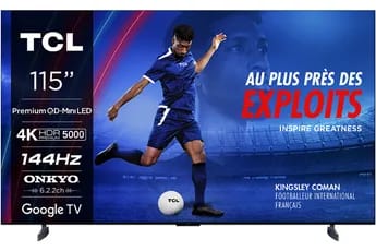 TV LED Tcl 115X955 Max QD Mini-LED Dolby Vision & Atmos Onkyo 6.2.2 144Hz 4K 292cm 2024