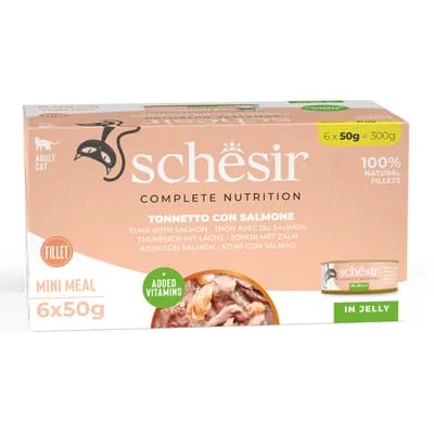 6x50g Thon avec saumon Schesir Complete Nutrition en gelée nourriture humide pour chat