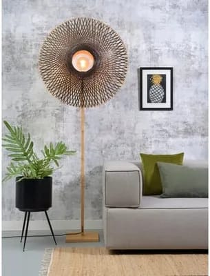 Lampadaire bambou KALIMANTAN abat-jour bambou naturel/noir base noire GOOD&MOJO Ø60 x 15 cm, h. 176cm
