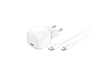 secteur USB-C 30W Power Delivery, avec câble d'un mètre USB-C vers lightning inclus, blanc.