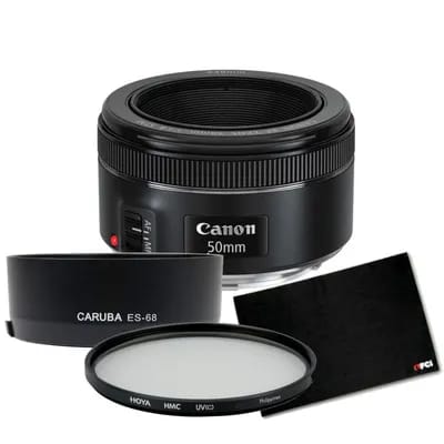 Canon EF 50mm F/1.8 STM + zonnekap + beschermingsfilter + lensdoek